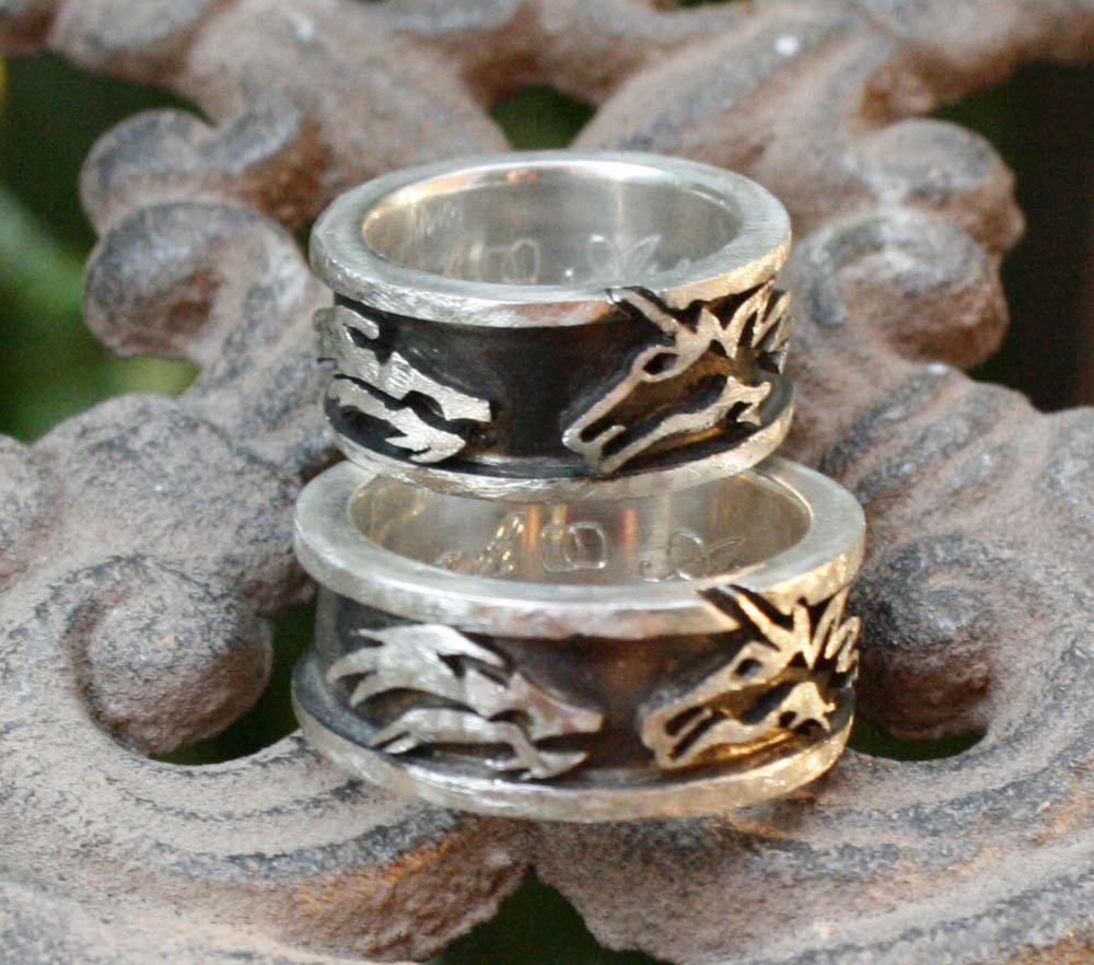 Silberringe mit Drache und Einhorn