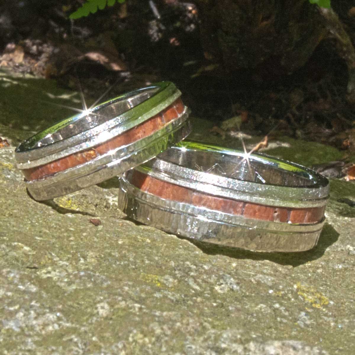 Silberringe mit eingefasstem versteinerten Holz