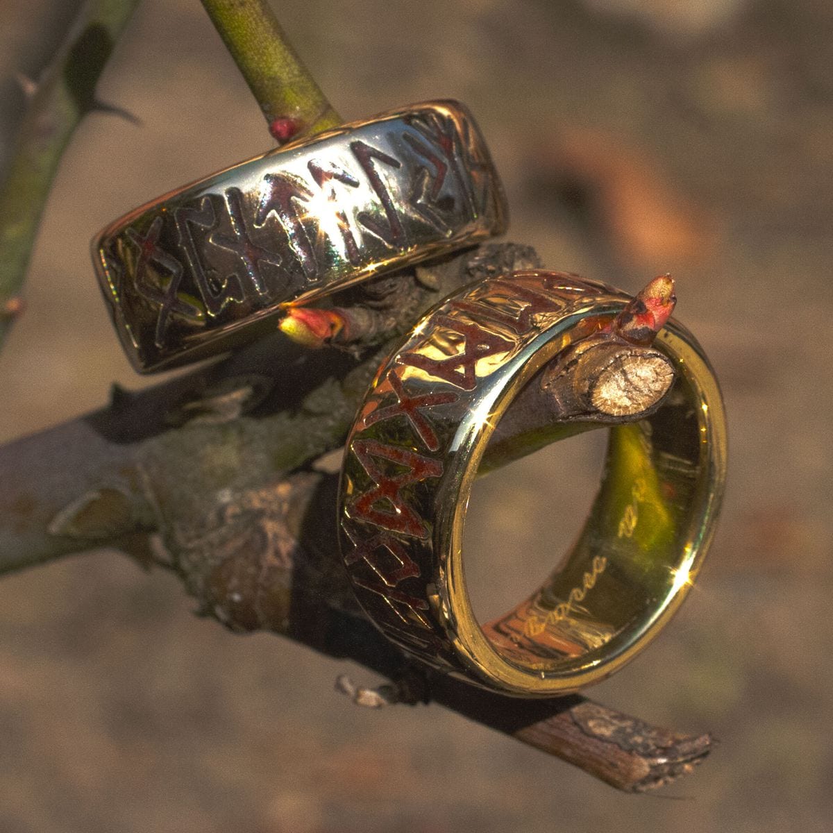 Feuerrunenringe aus Gelbgold mit Emaille