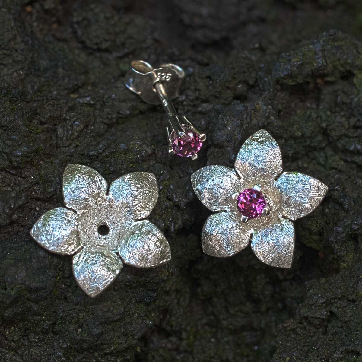 Ohrstecker Blume Silber mit rosa Turmalin
