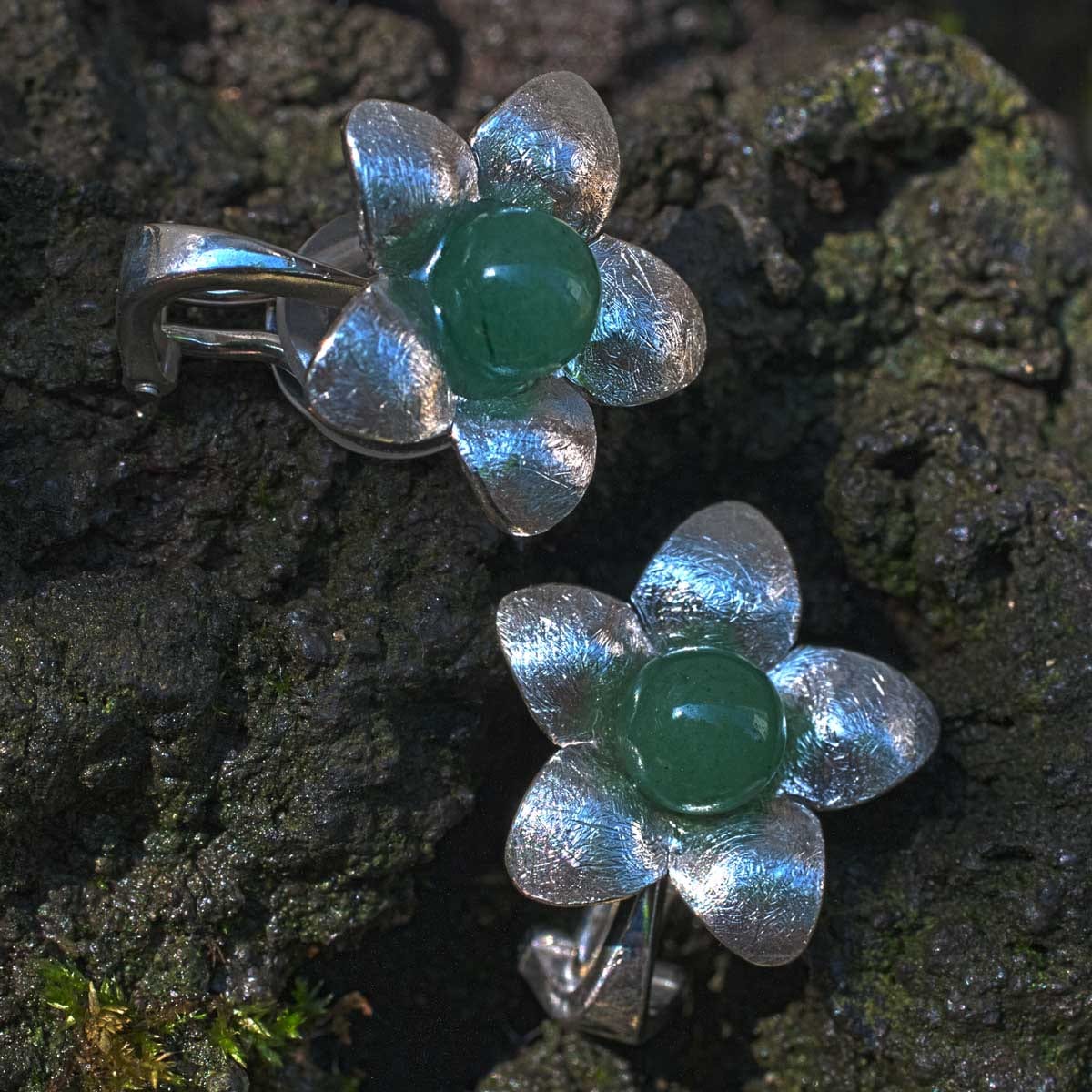 Ohrclip Silberblume mit Aventurin