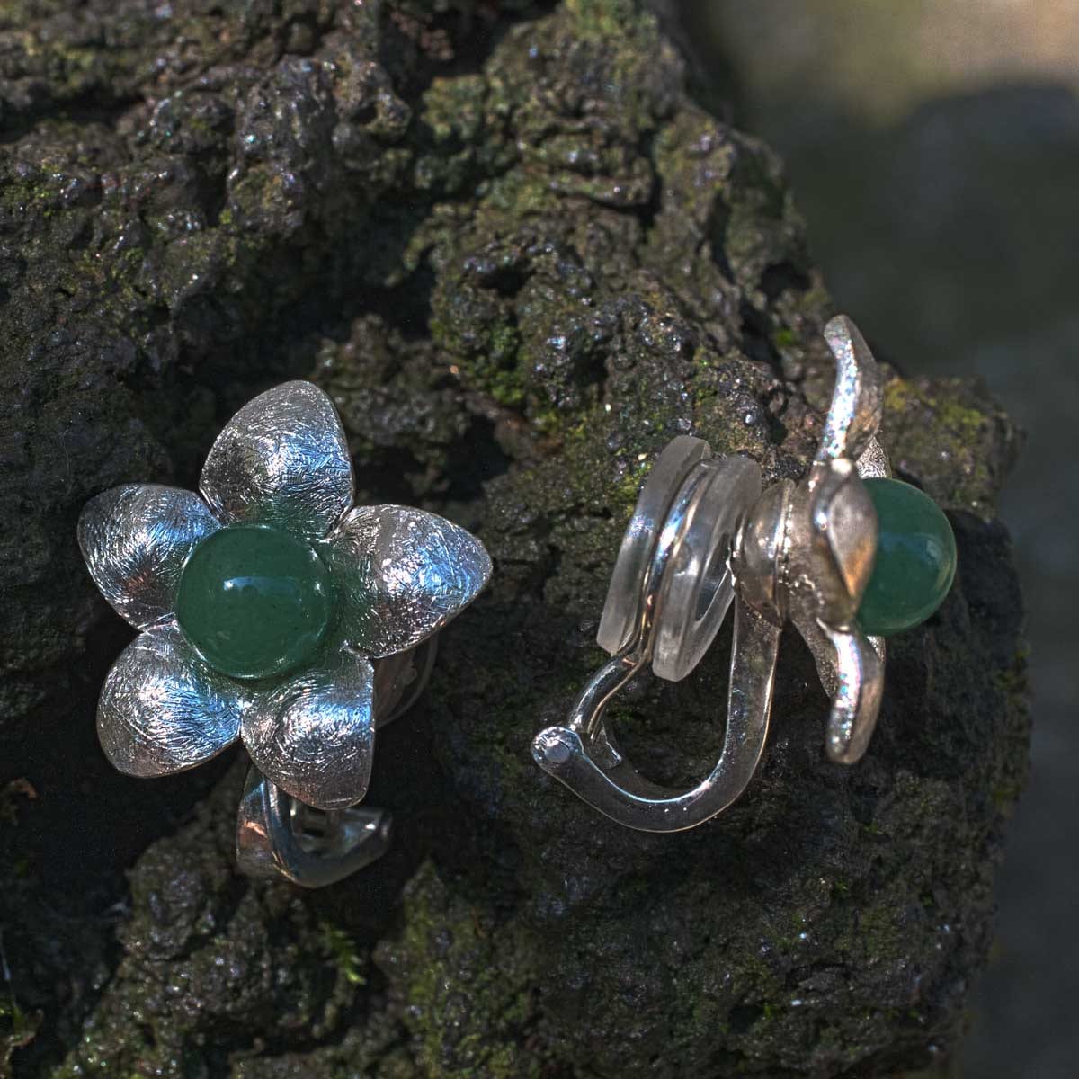 Ohrclip Silberblume mit Aventurin