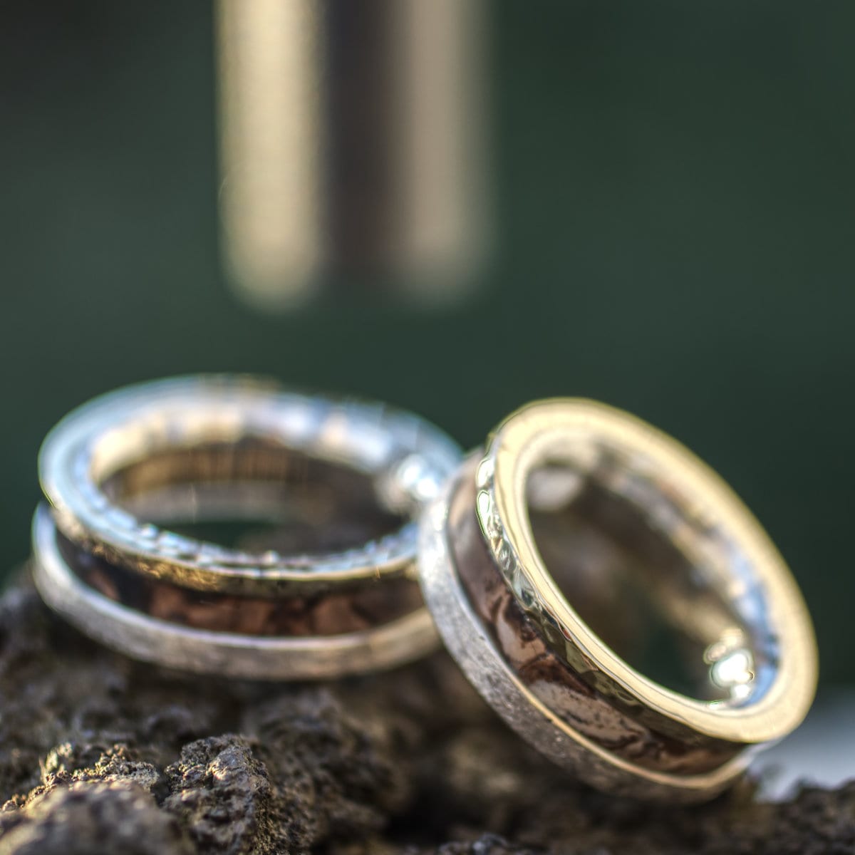 Trauringe Silber-Gold mit versteinertem Holz